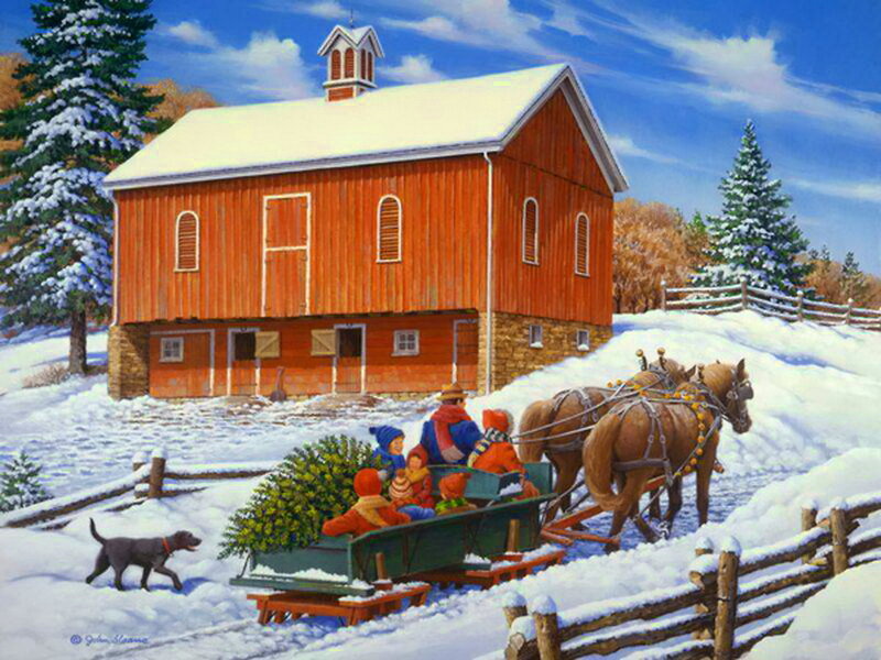 Family on Horse-drawn Sleigh — Red