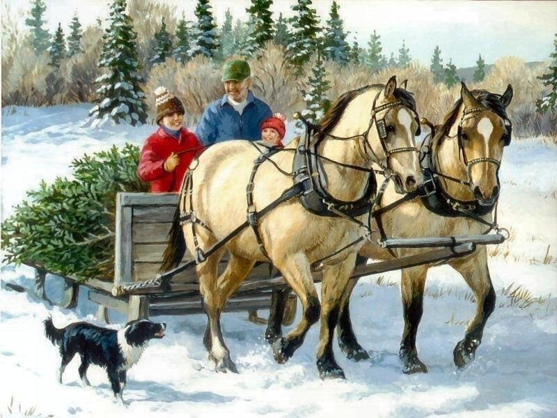 Family on Horse-drawn Sleigh — White