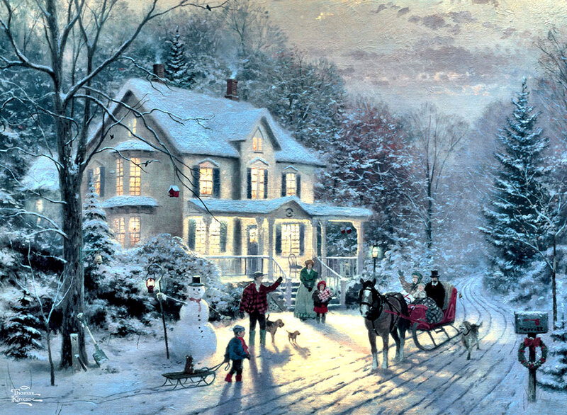Family on Sleigh in Snow — White