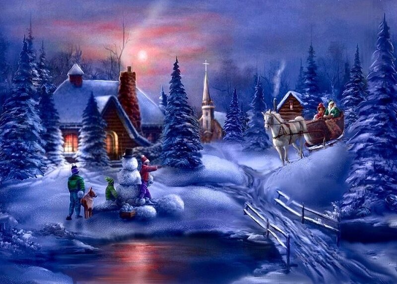 Family on Sleigh in Winter