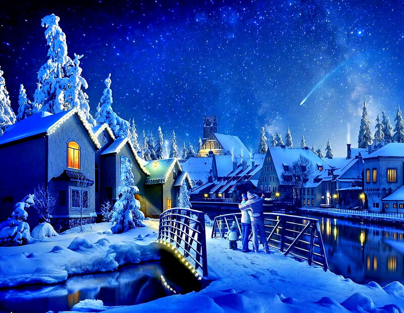 Family on Snowy Bridge — Blue, Serene