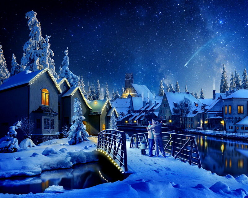 Family on Snowy Bridge — Blue