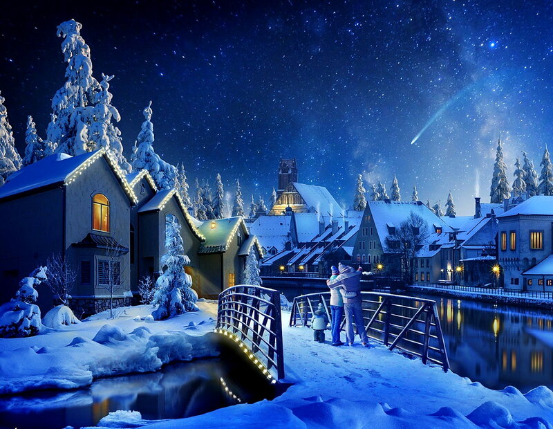 Family on Snowy Bridge