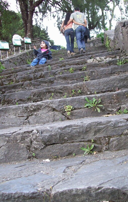 Family on stone stairs