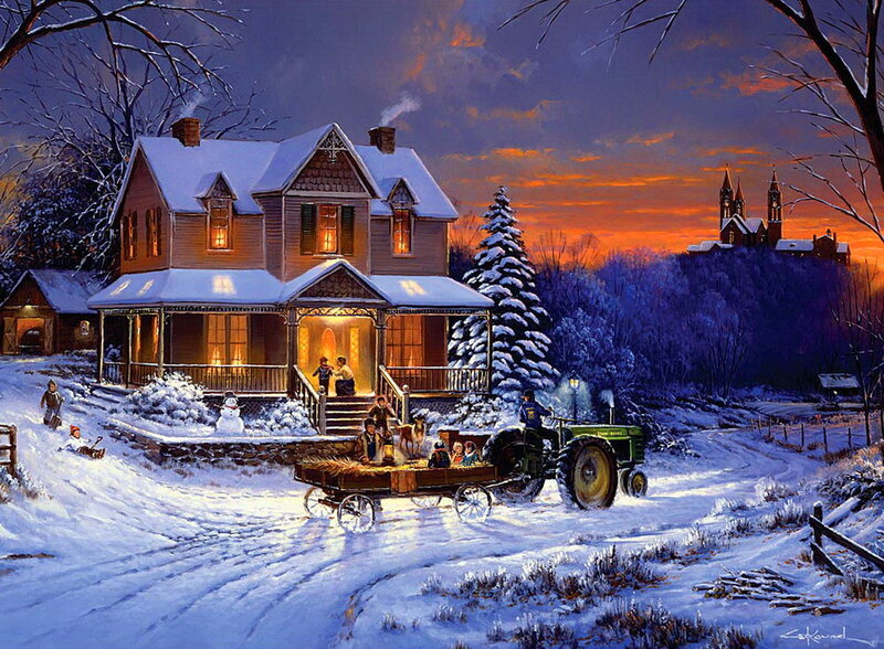 Family on Tractor in Snow — Blue