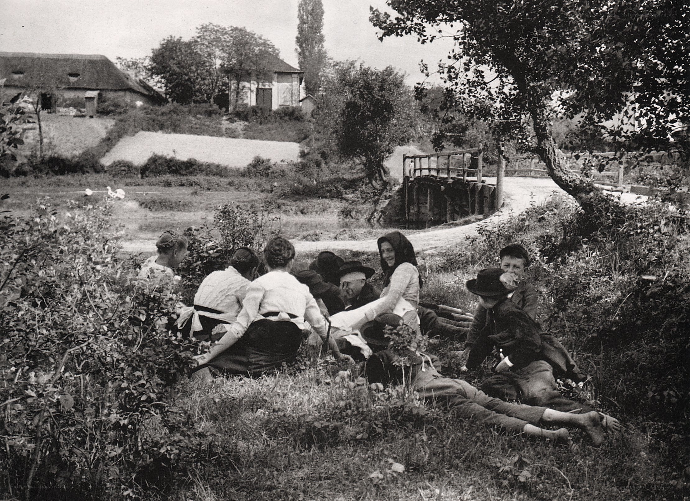Family picnic by a river