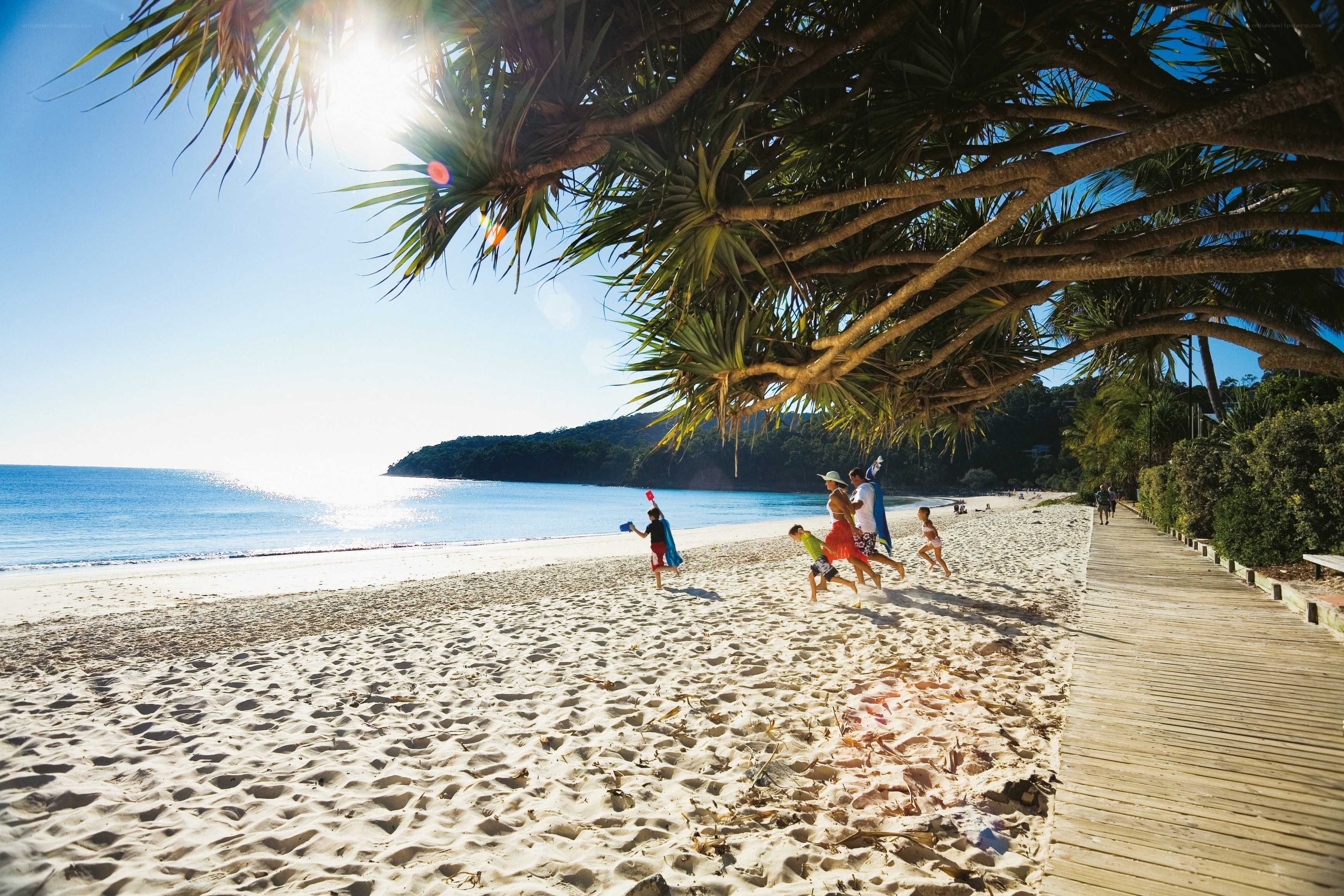 Family playing on sunny beach