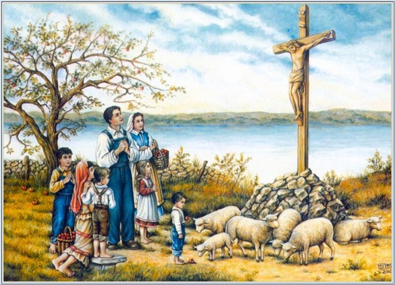Family Praying with Sheep
