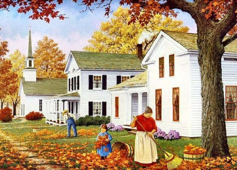 Family Raking Leaves