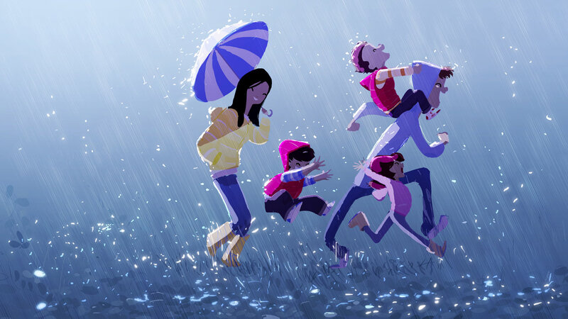 Family Running in Rain