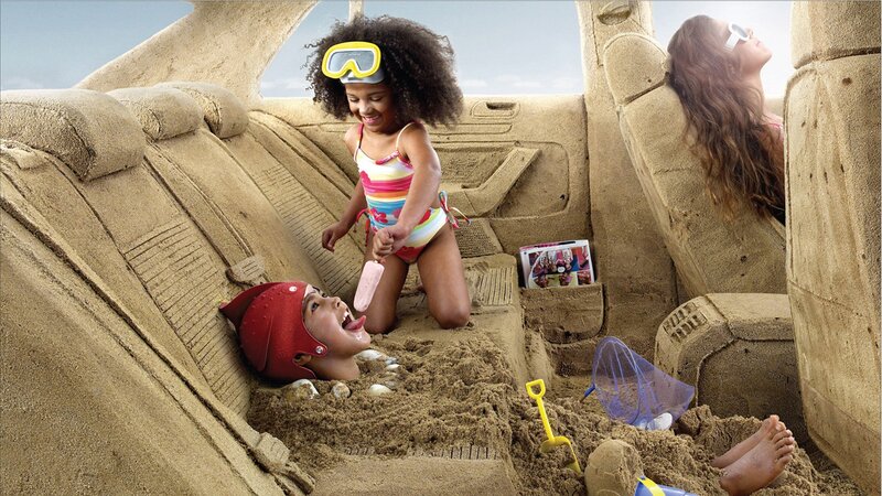 Family sandcastle car interior