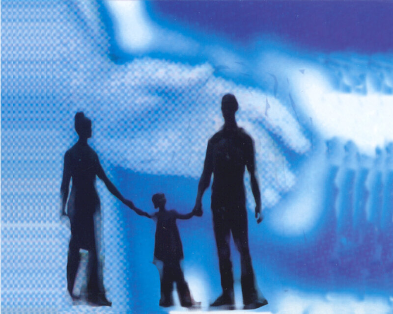 Family silhouette on blue background