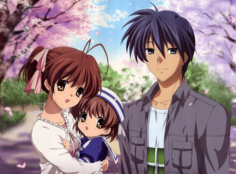 family under cherry blossoms