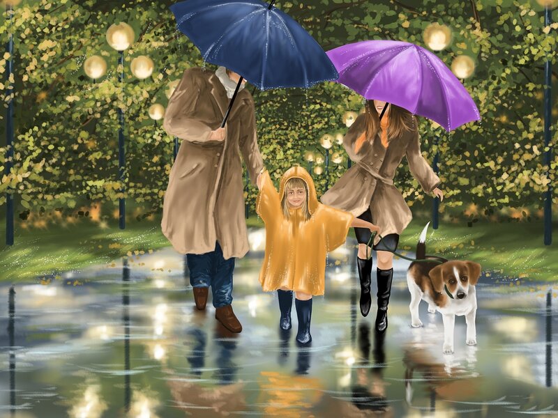 Family Walking in Rain
