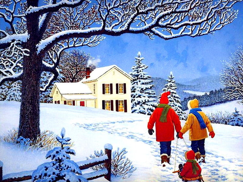 Family Walking in Snow — White, Peaceful, Winter, Painting