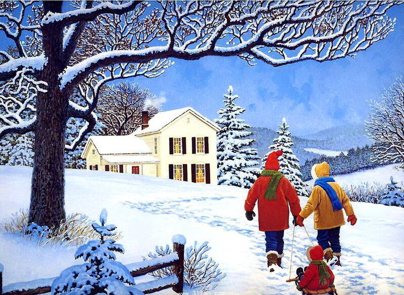Family Walking in Snow — White, Peaceful, Winter