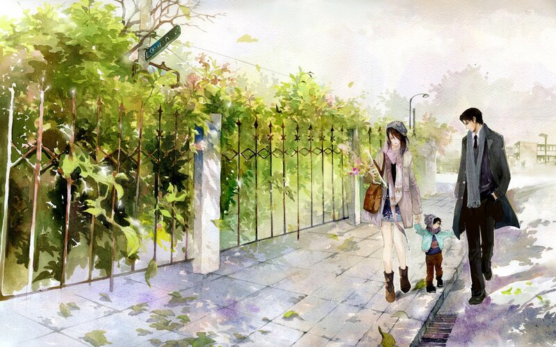 family walking on a sunny street