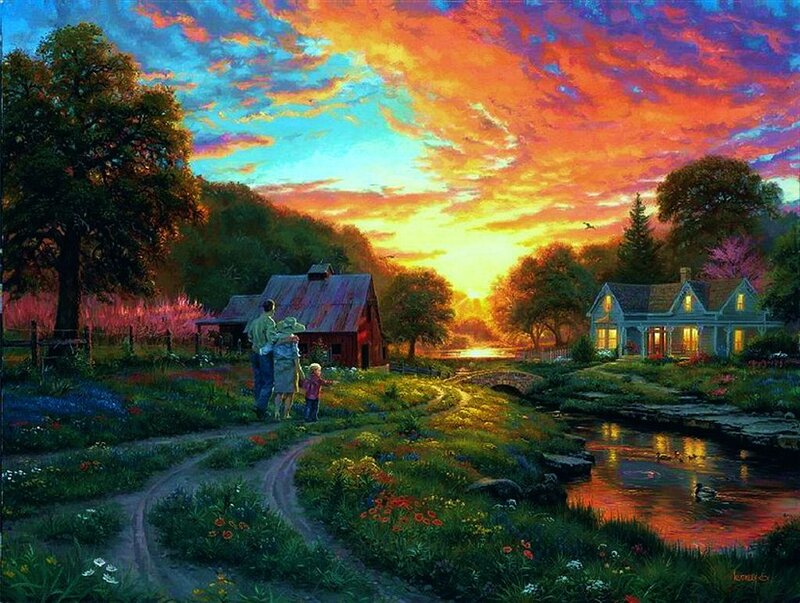 Family Walking on Path — Orange, Serene, Sunset
