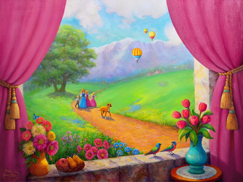 Family Walking on Path — Pink