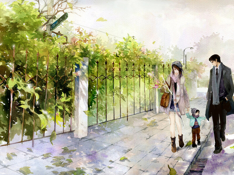 Family Walking on Sidewalk — Green