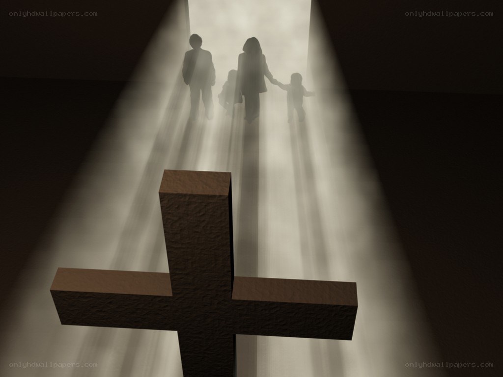 family walking toward light