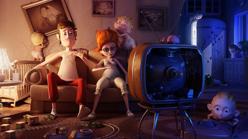 Family watching old TV