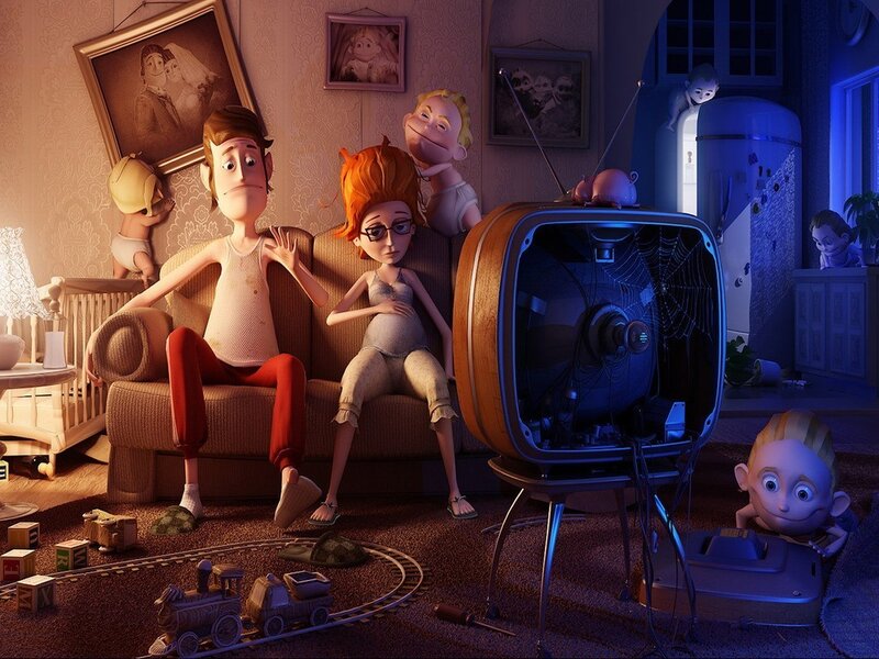 Family watching old TV