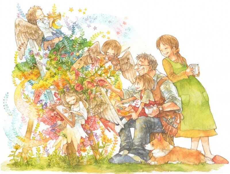 Family with angels in garden