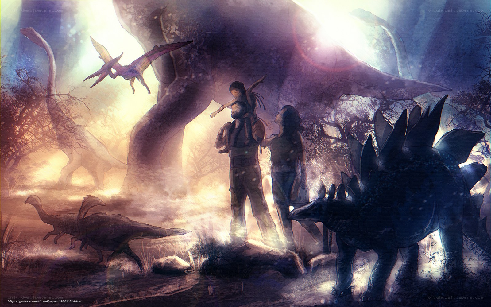 Family with dinosaurs in prehistoric forest
