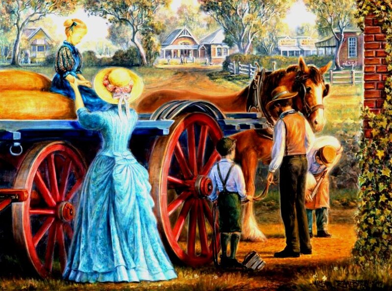 Family with Horse-drawn Wagon — Blue