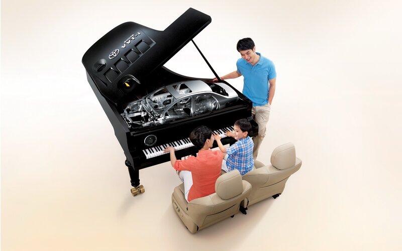 Family with piano and car engine
