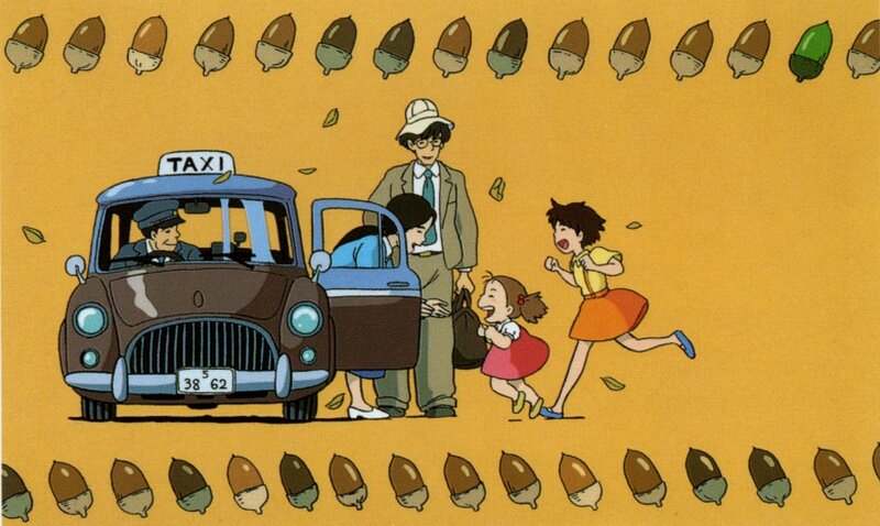 Family with taxi and acorns