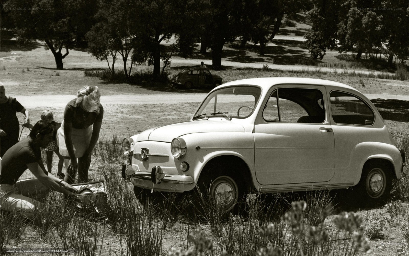 Family with vintage car