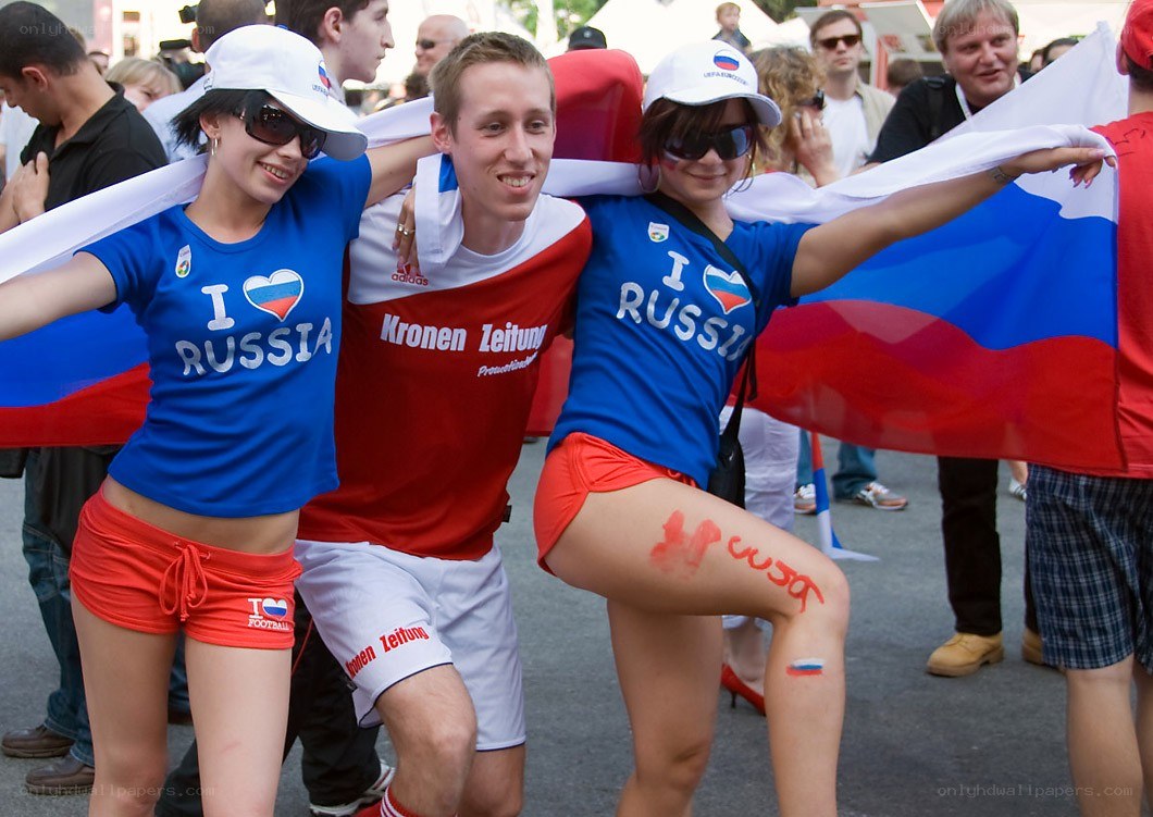 Fans celebrating with Russian flag
