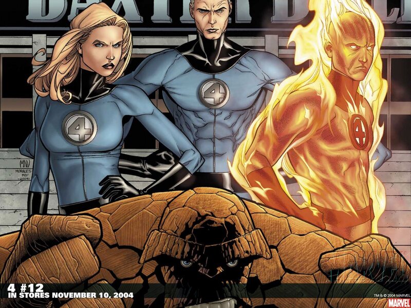 Fantastic Four Team — Blue, Dramatic, Comic, Comic Book Art, Fire, Rock-like Figure