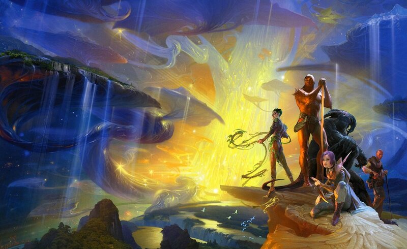 fantasy adventurers at a glowing portal