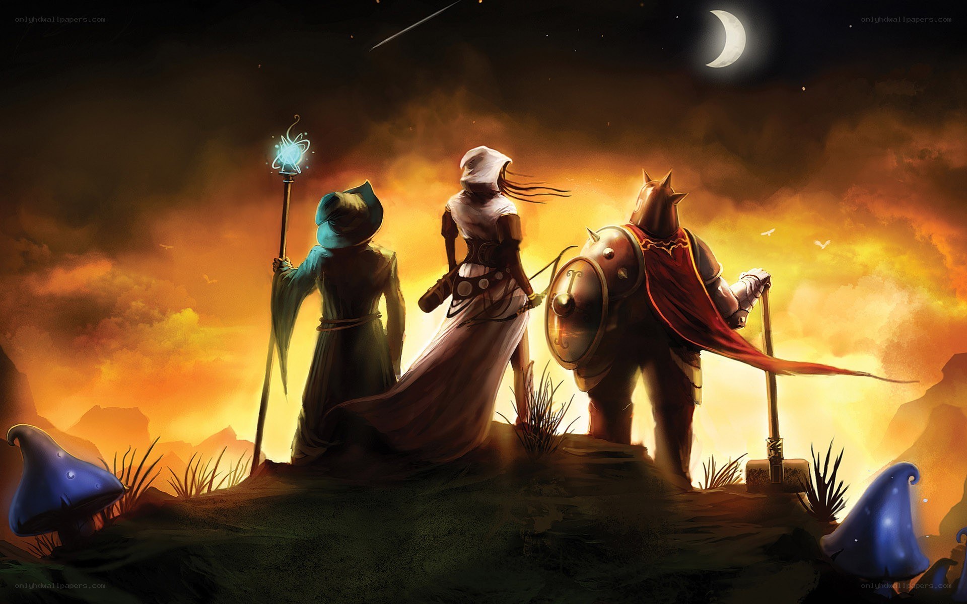 fantasy adventurers at sunset