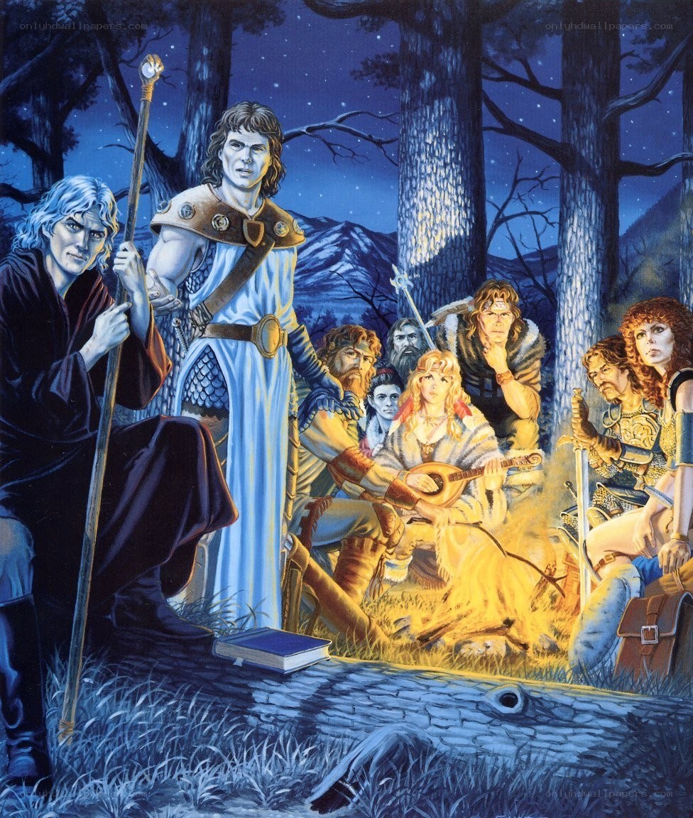 Fantasy adventurers by campfire