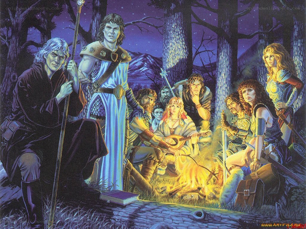 Fantasy adventurers by campfire