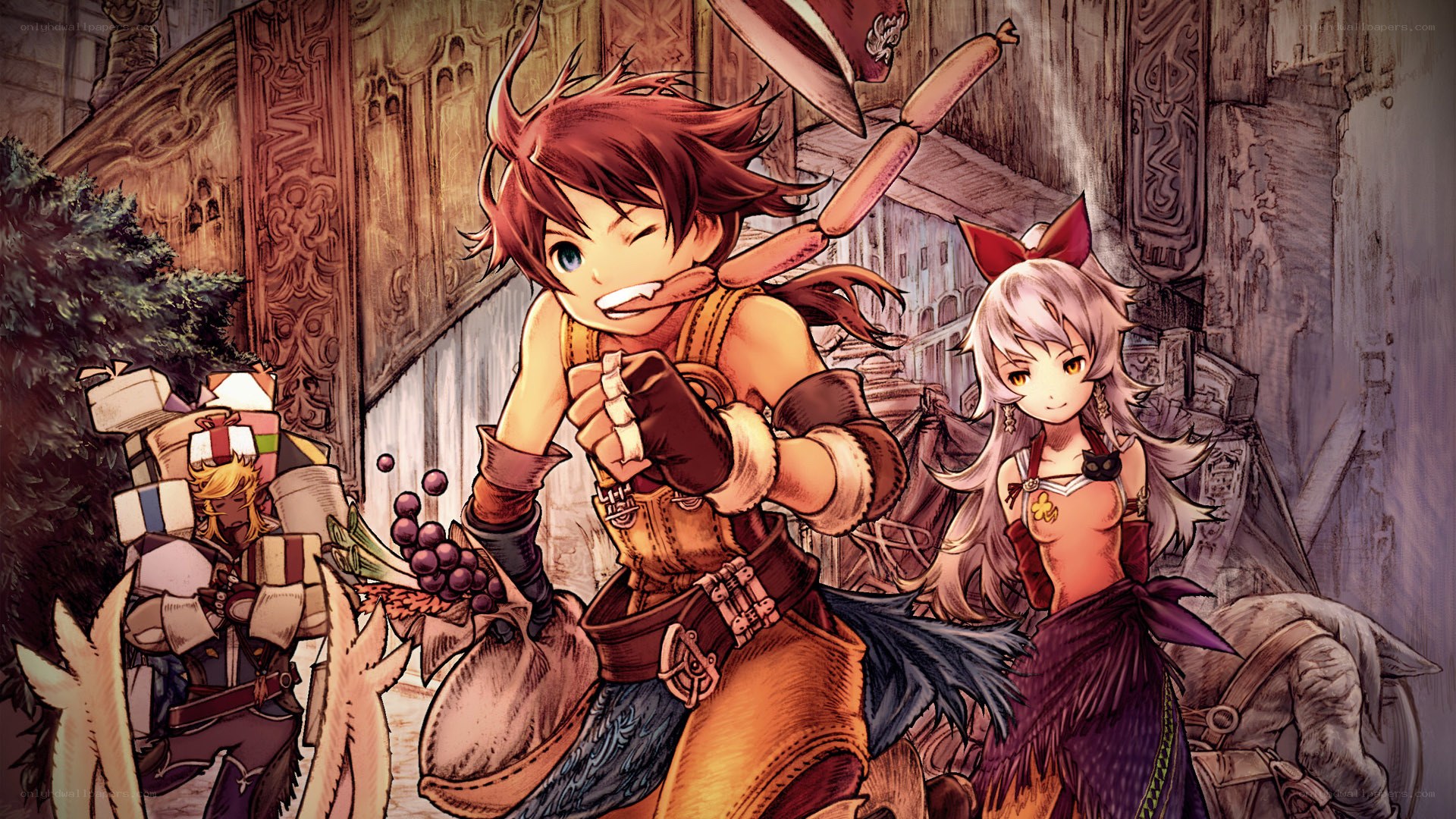 Fantasy adventurers in a bustling town