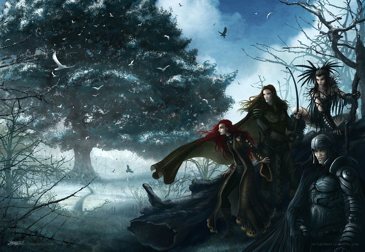 Fantasy adventurers in a dark forest