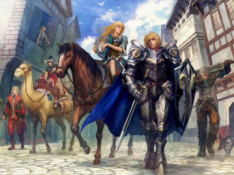 Fantasy adventurers in a medieval town