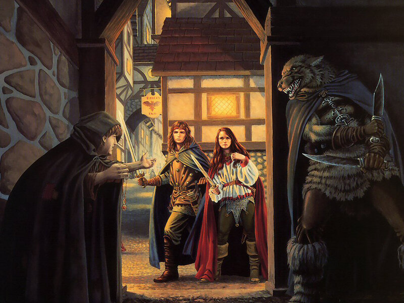 Fantasy adventurers in a medieval town