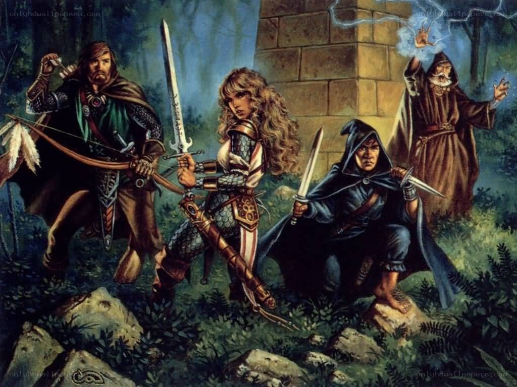 fantasy adventurers in forest