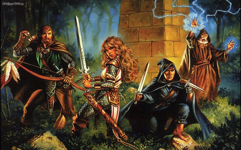 fantasy adventurers in forest
