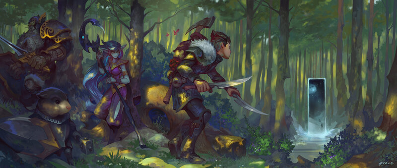 Fantasy Adventurers in Forest — Green, Dramatic