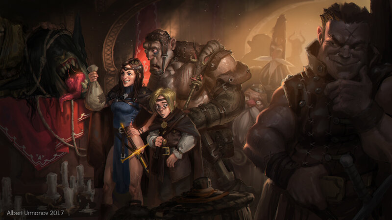 Fantasy Adventurers in Tavern — Brown, Dramatic