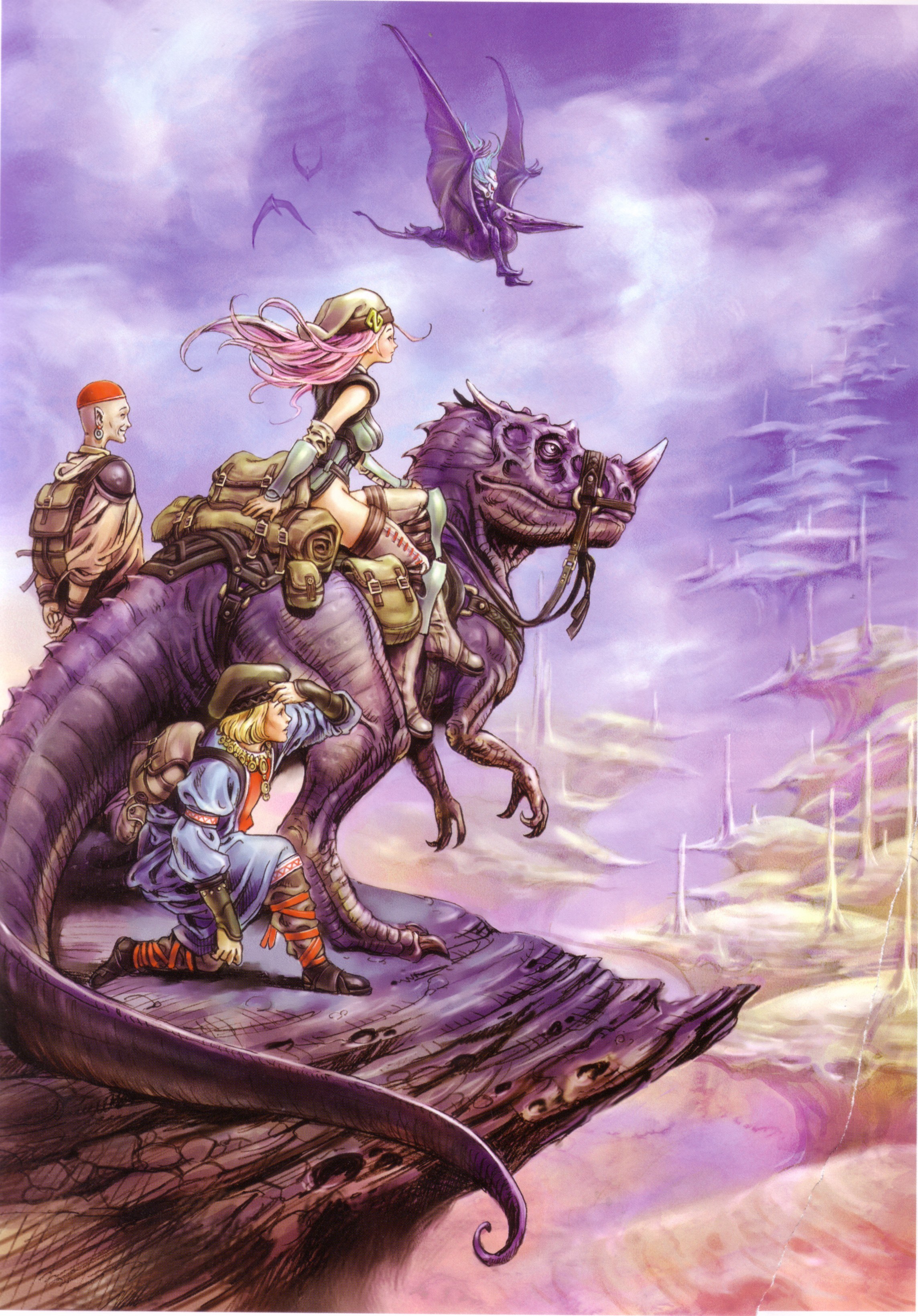 Fantasy adventurers on a dragon