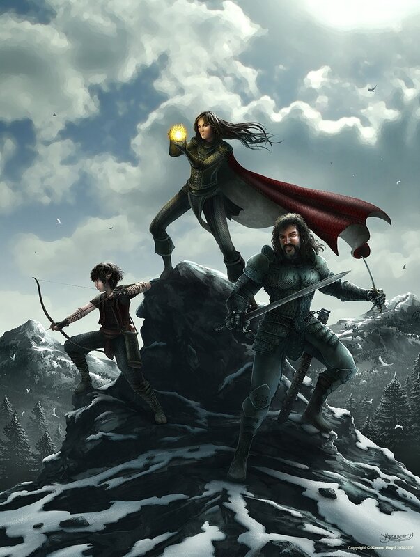 Fantasy adventurers on a mountain