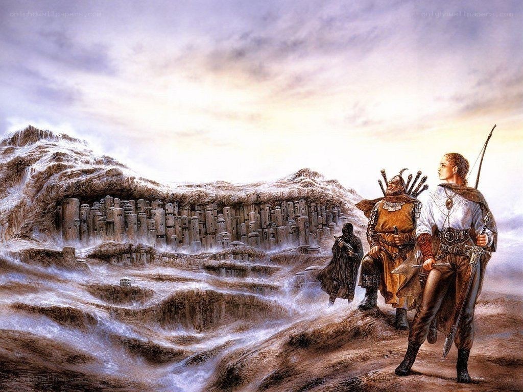 Fantasy adventurers view a mountain city